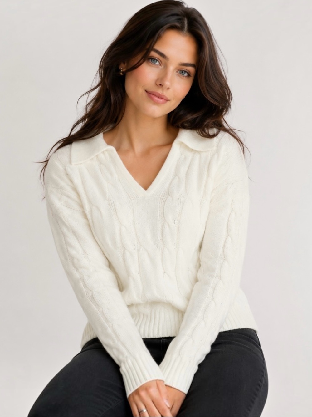 NWT Evolution by Cyrus Cable Knit Collared Sweater Ivory Bone 1X